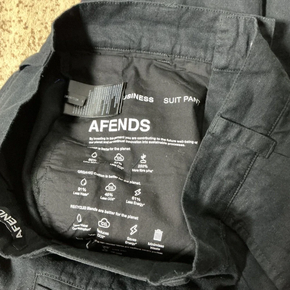 Afends Sustainable Minimalist Suit Pants Mens Sz 32 Black Hemp Organic Cotton